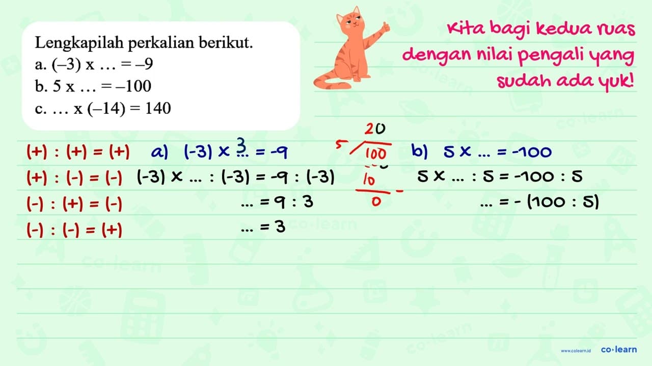 Lengkapilah perkalian berikut: a. (-3) x ... =-9 b. 5x...