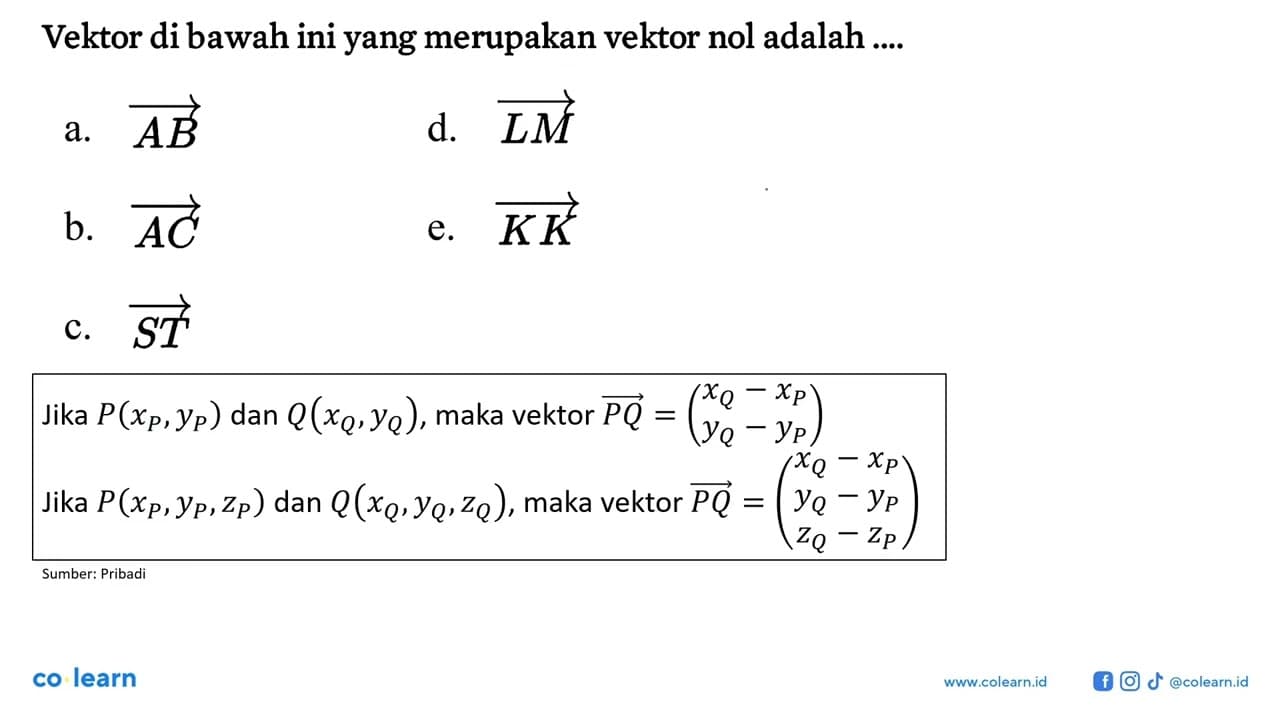 Vektor di bawah ini yang merupakan vektor nol adalah ....