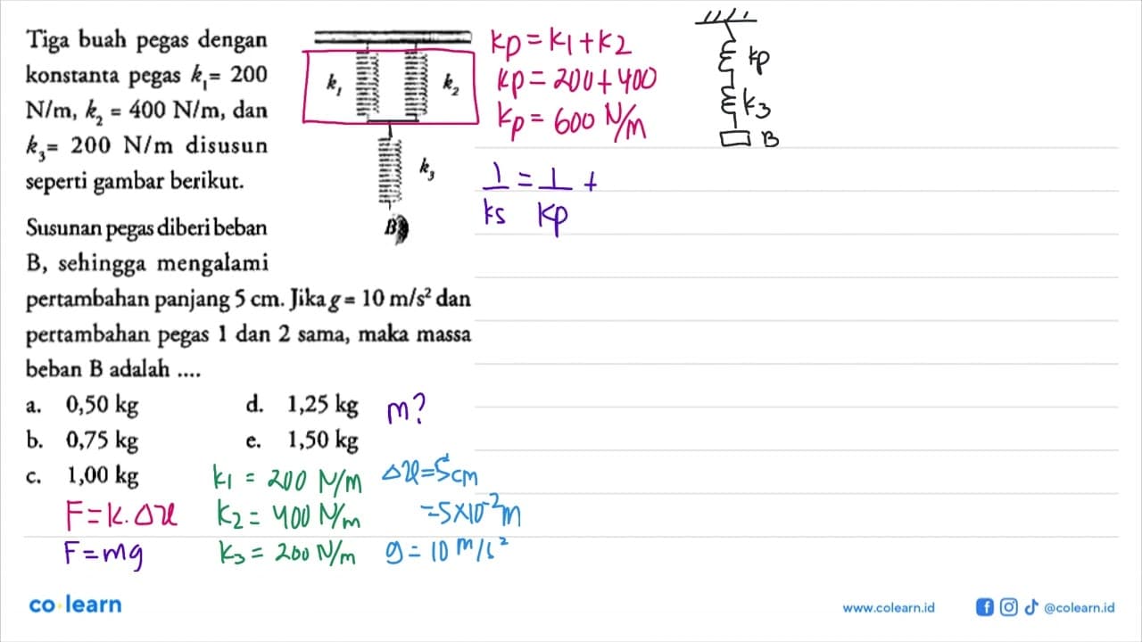 Tiga buah pegas dengankonstanta pegas k1=200 N/m, k2=400
