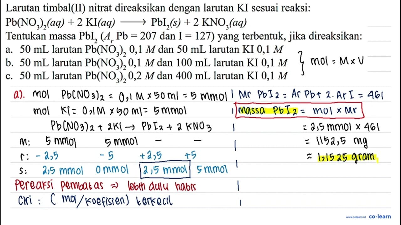 Larutan timbal(II) nitrat direaksikan dengan larutan KI