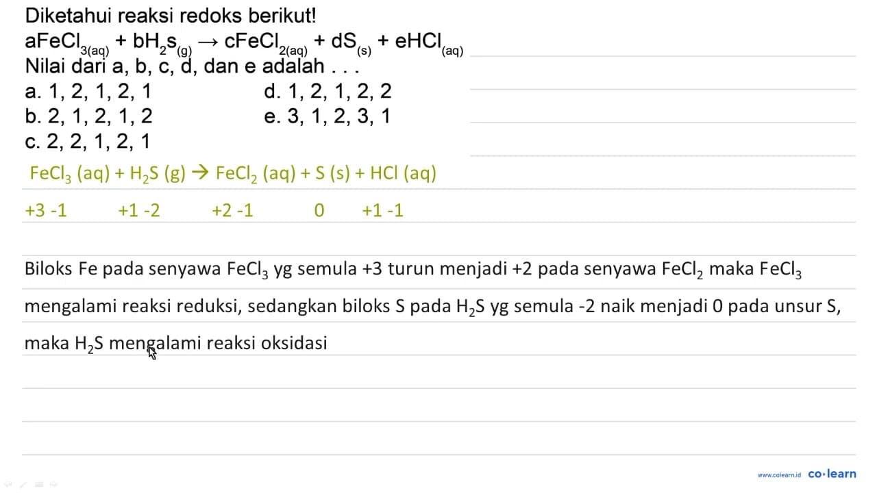 Diketahui reaksi redoks berikut! aFeCl_(3(aq))+bH_(2)