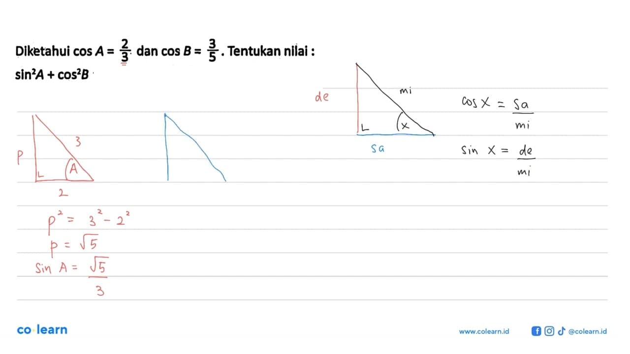 Diketahui cos A=2/3 dan cos B=3/5. Tentukan nilai: sin^2