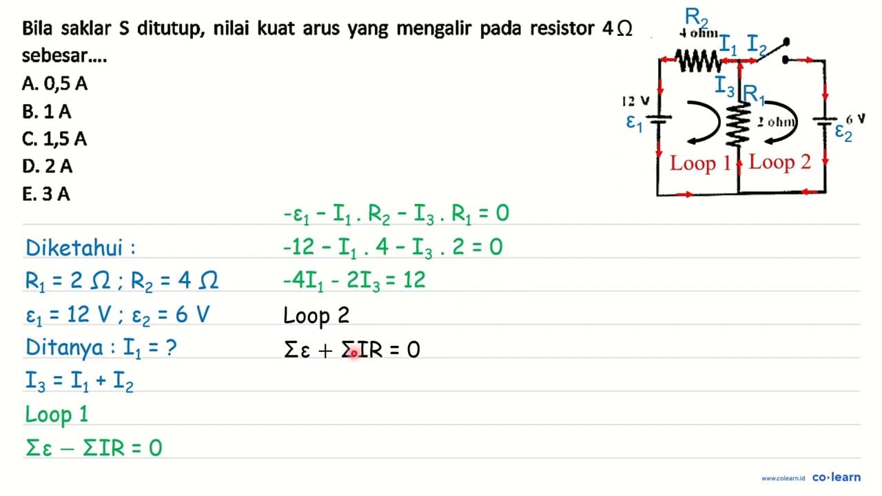 Bila saklar S ditutup, nilai kuat arus yang mengalir pada