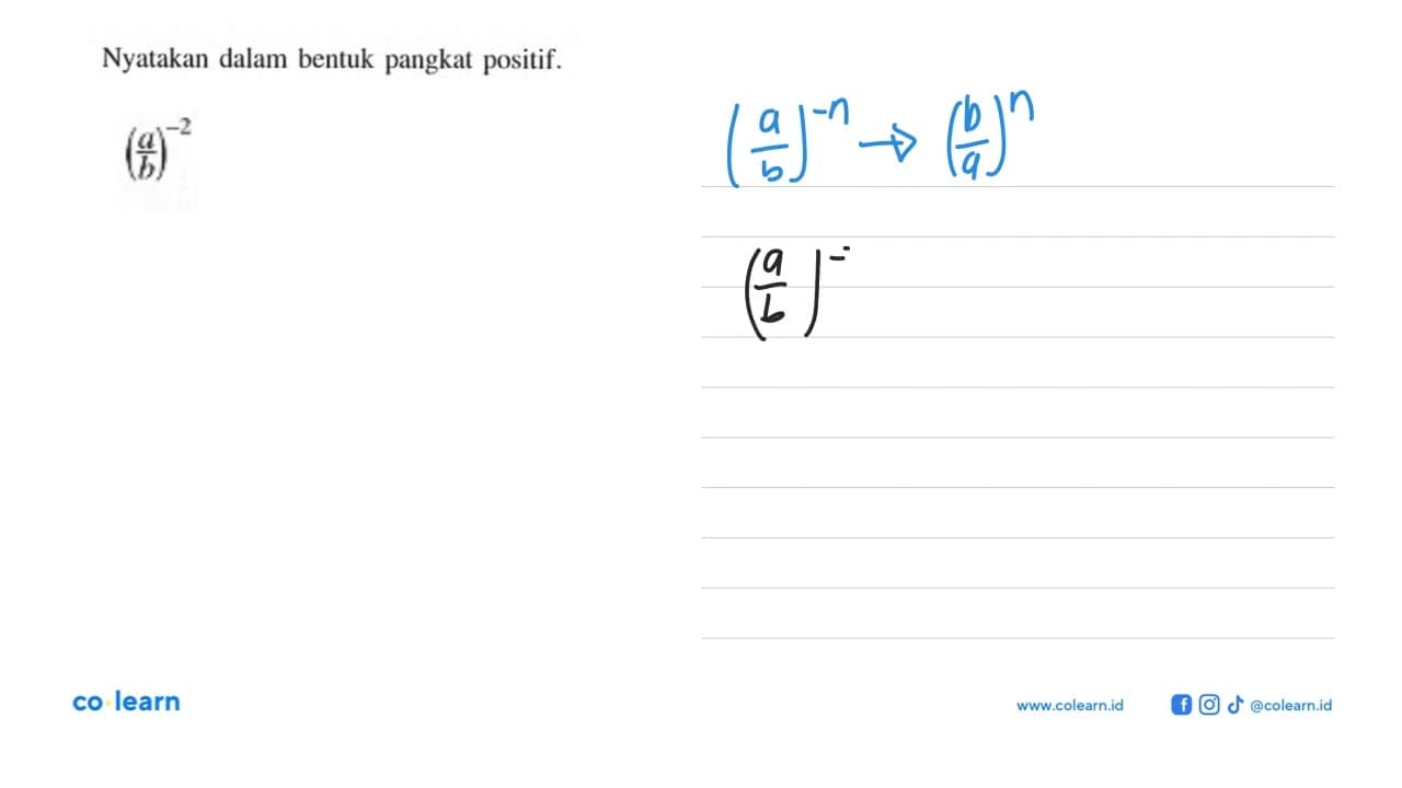 Nyatakan dalam bentuk pangkat positif. (a/b)^(-2)