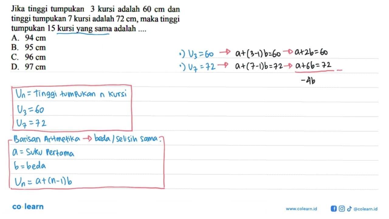 Jika tinggi tumpukan 3 kursi adalah 60 cm dan tinggi