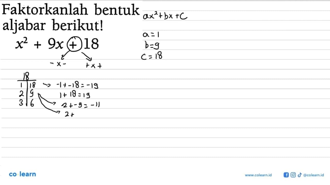 Faktorkanlah bentuk aljabar berikut! x^2 + 9x + 18