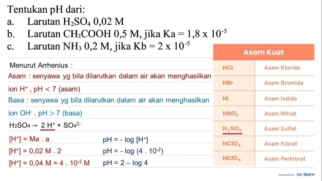 Tentukan pH dari: a. Larutan H2 SO4 0,02 M b. Larutan CH3