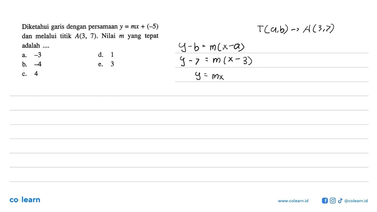 Diketahui garis dengan persamaan y = mx + (-5) dan melalui