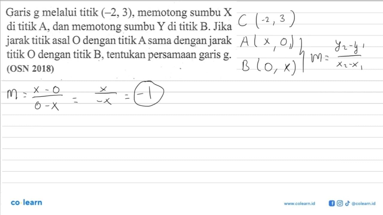 Garis g melalui titik (-2, 3), memotong sumbu X di titik A,