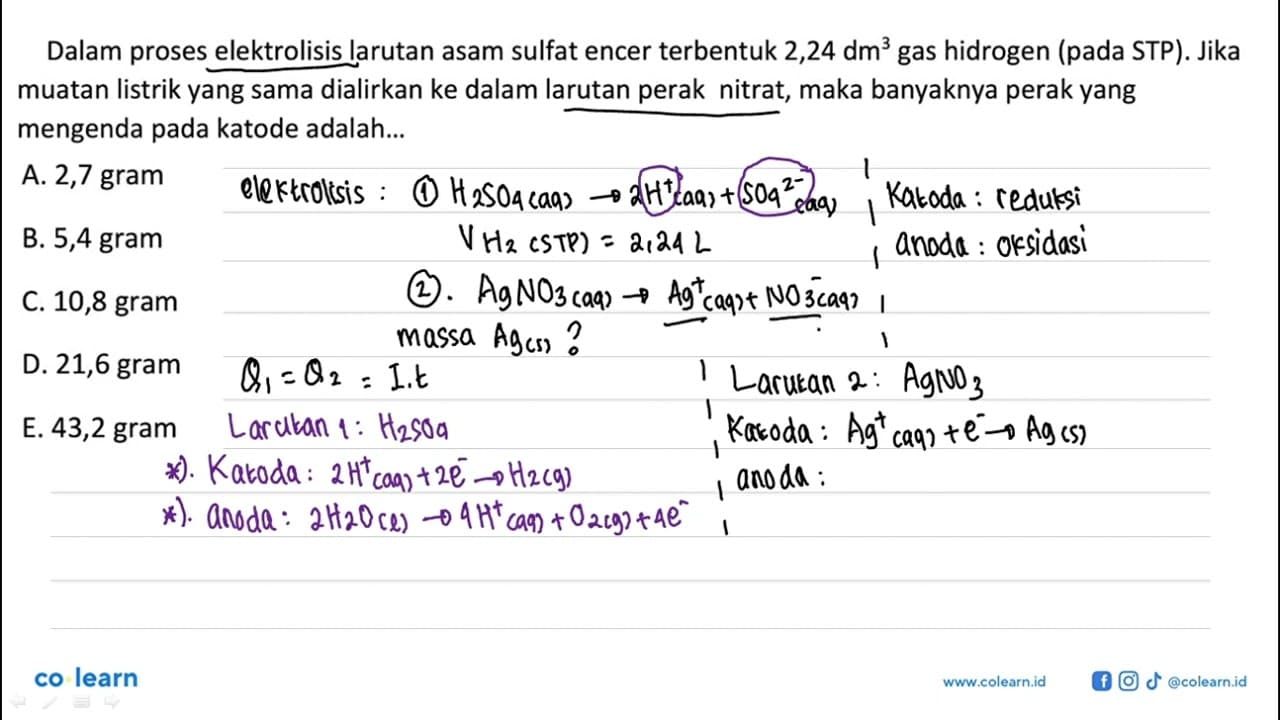 Dalam proses elektrolisis larutan asam sulfat encer