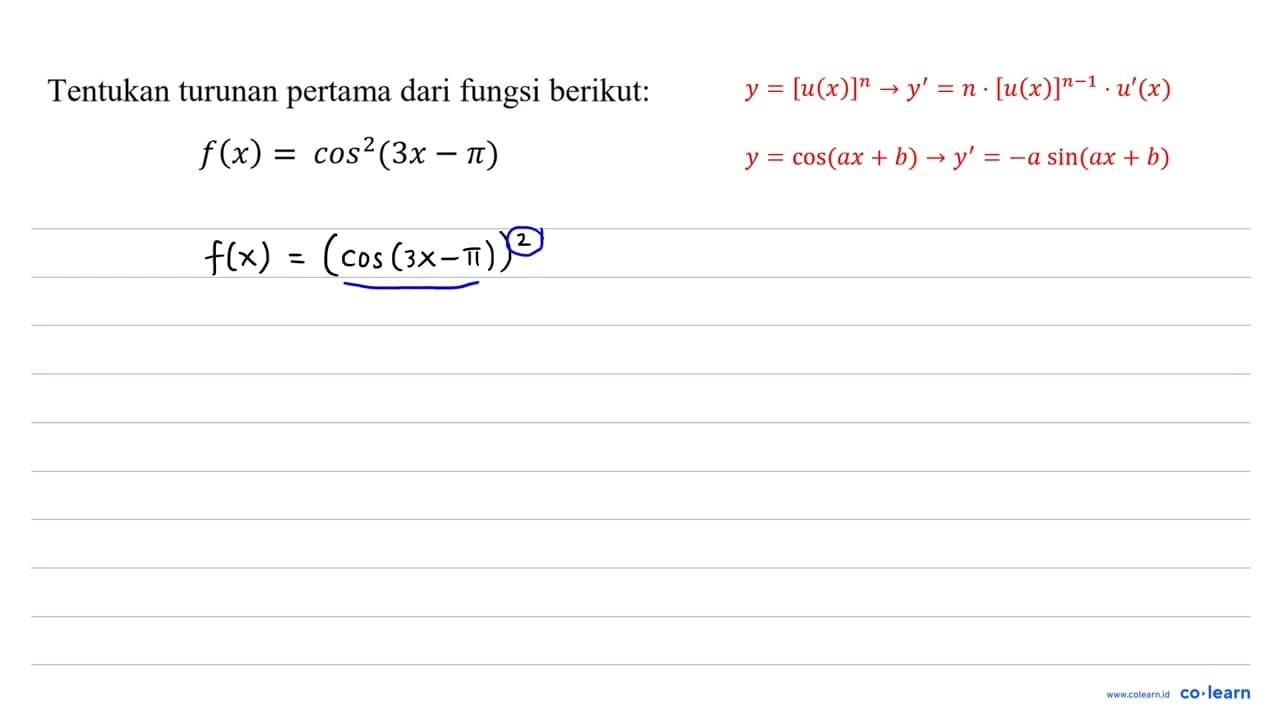 Tentukan turunan pertama dari fungsi berikut: f(x)=cos