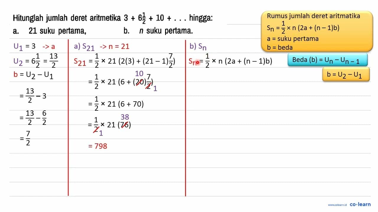 Hitunglah jumlah deret aritmetika 3 + 6 1/2 + 10 +...