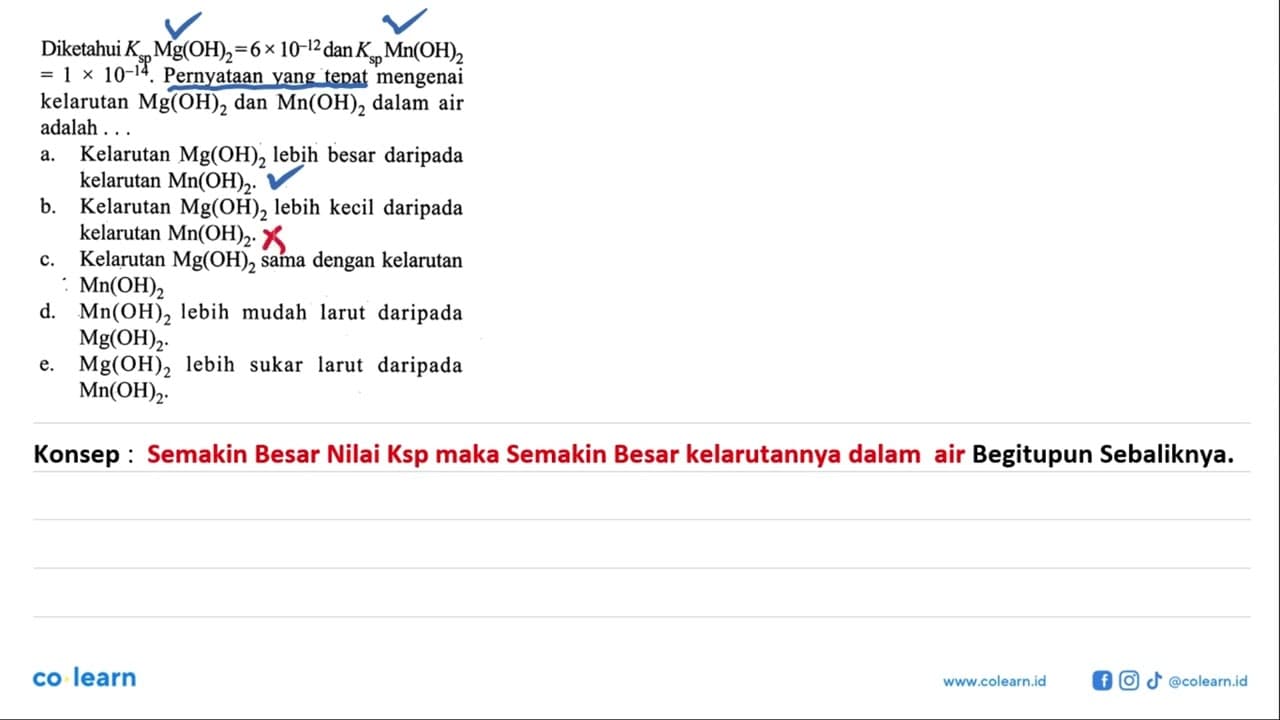 Diketahui Ksp Mg(OH)2=6 x 10^-12 dan Ksp Mn(OH)2 =1 x