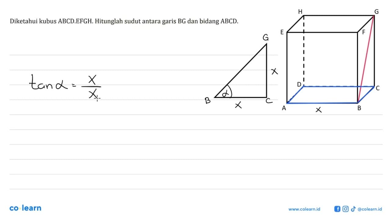 Diketahui kubus ABCD.EFGH. Hitunglah sudut antara garis BG