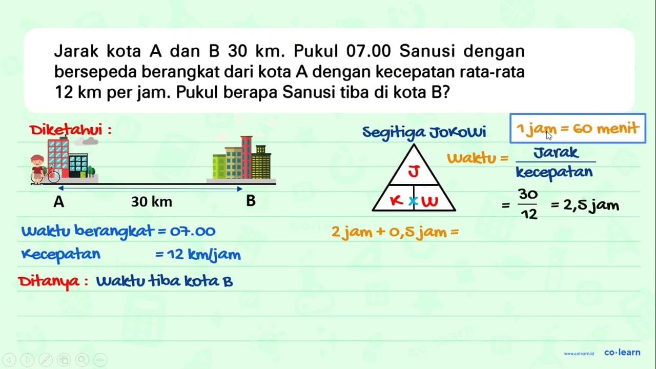 Jarak kota A dan B 30 km. Pukul 07.00 Sanusi dengan