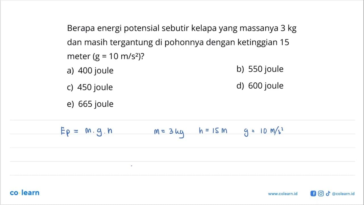 Berapa energi potensial sebutir kelapa yang massanya 3 kg