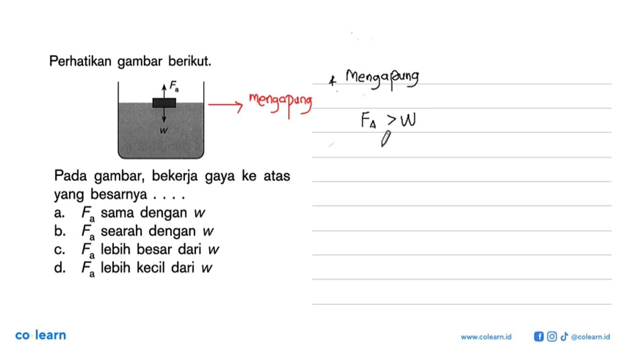 Perhatikan gambar berikut.Pada gambar, bekerja gaya ke atas