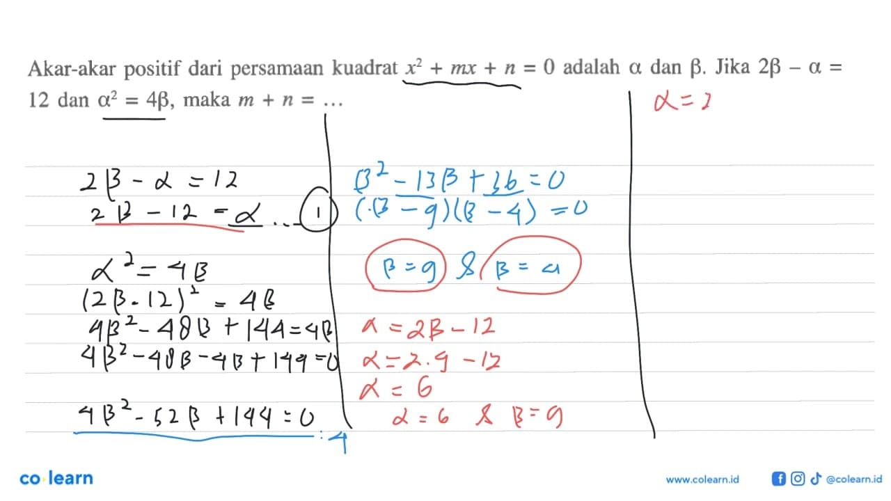 Akar-akar positif dari persamaan kuadrat x^2 + mx + n = 0