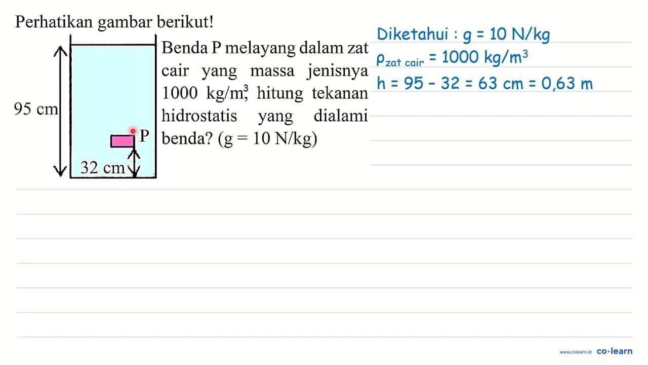 Perhatikan gambar berikut! 95 cm 32 cm P Benda P melayang