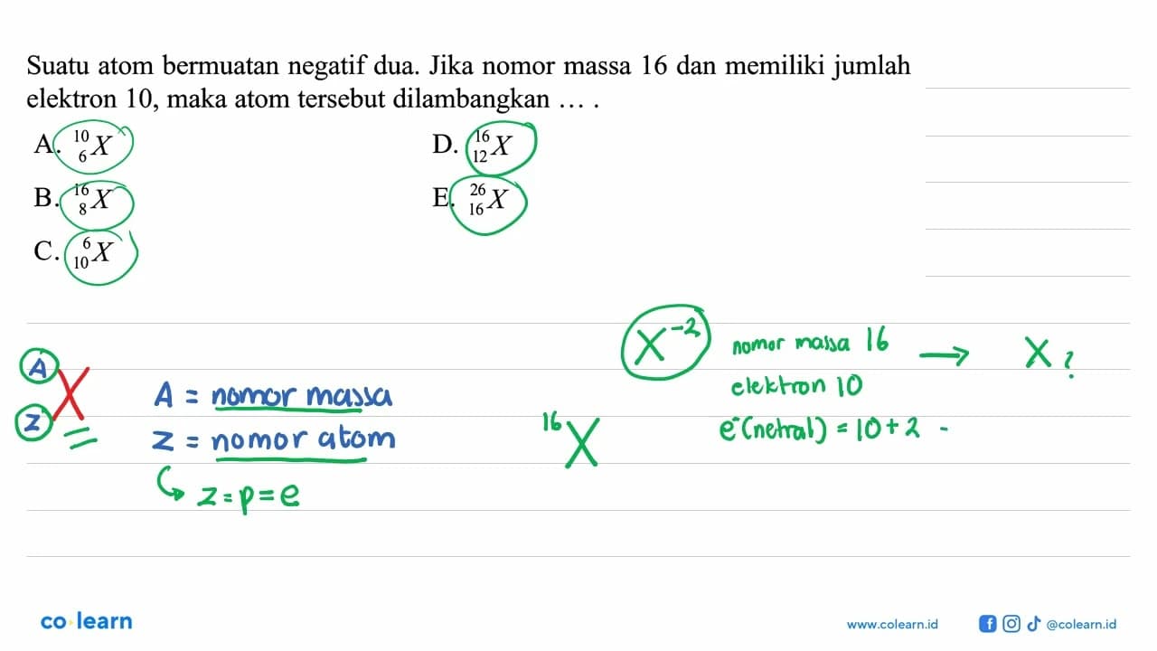 Suatu atom bermuatan negatif dua. Jika nomor massa 16 dan