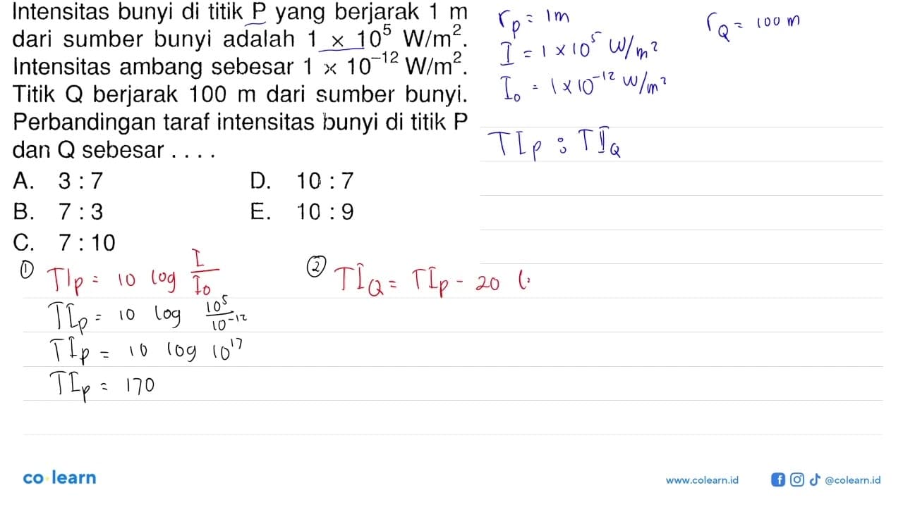 Intensitas bunyi di titik P yang berjarak 1 m dari sumber