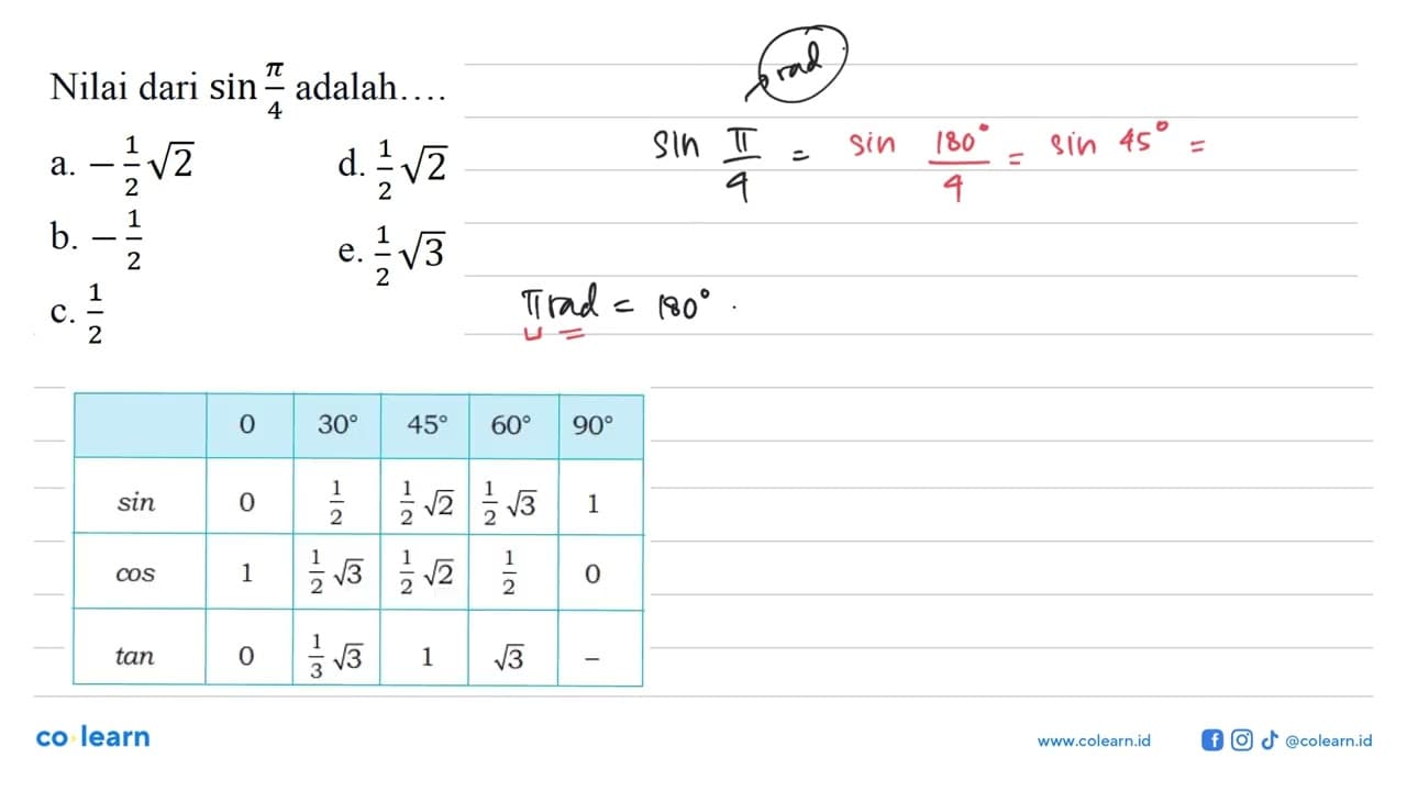 Nilai dari sin pi/4 adalah....