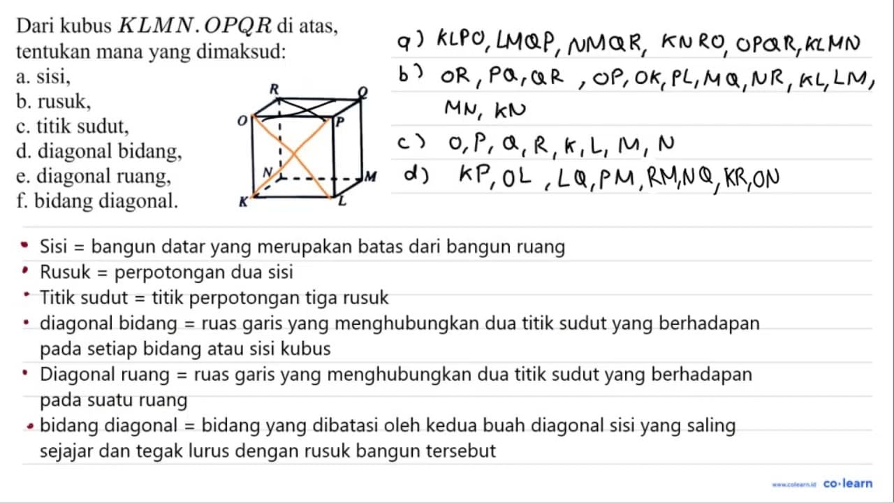 Dari kubus KLMN . OPQR di atas, tentukan mana yang