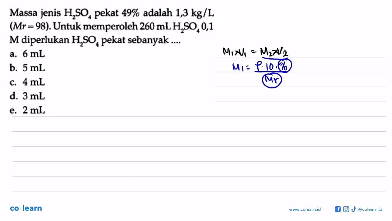 Massa jenis H2SO4 pekat 49% adalah 1,3 kg/L (Mr=98). Untuk