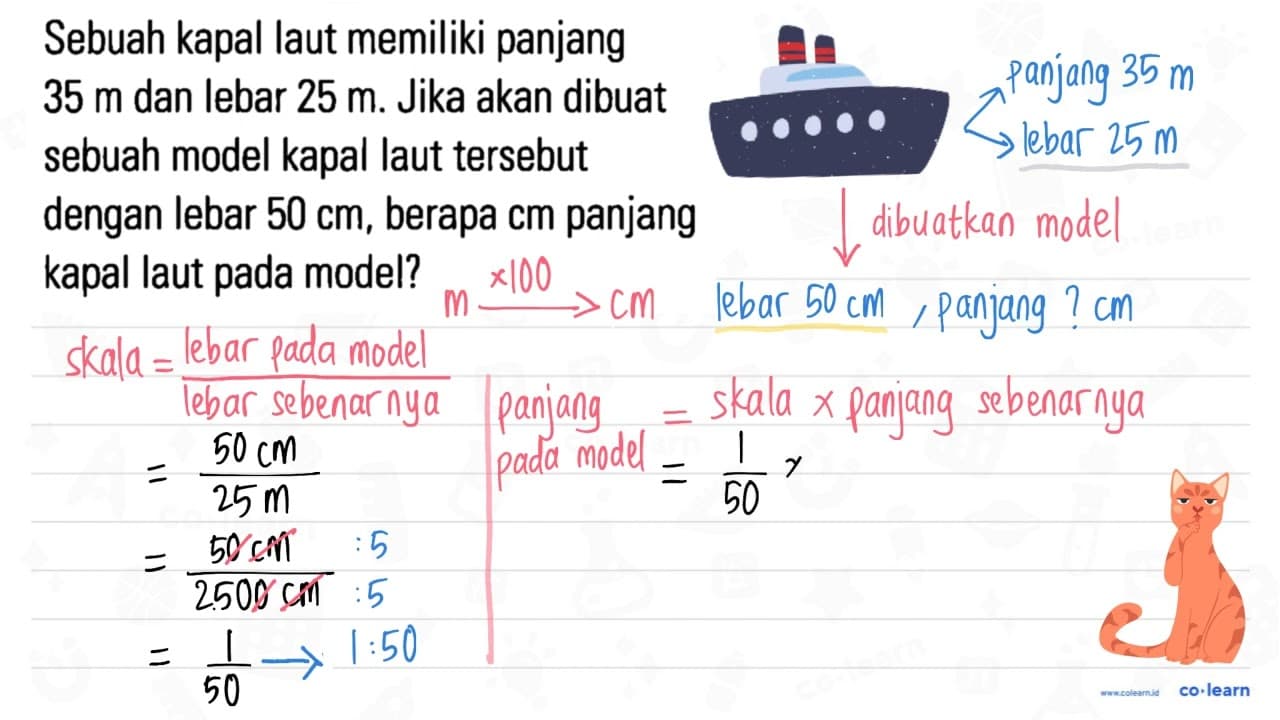 Sebuah kapal laut memiliki panjang 35 m dan lebar 25 m.