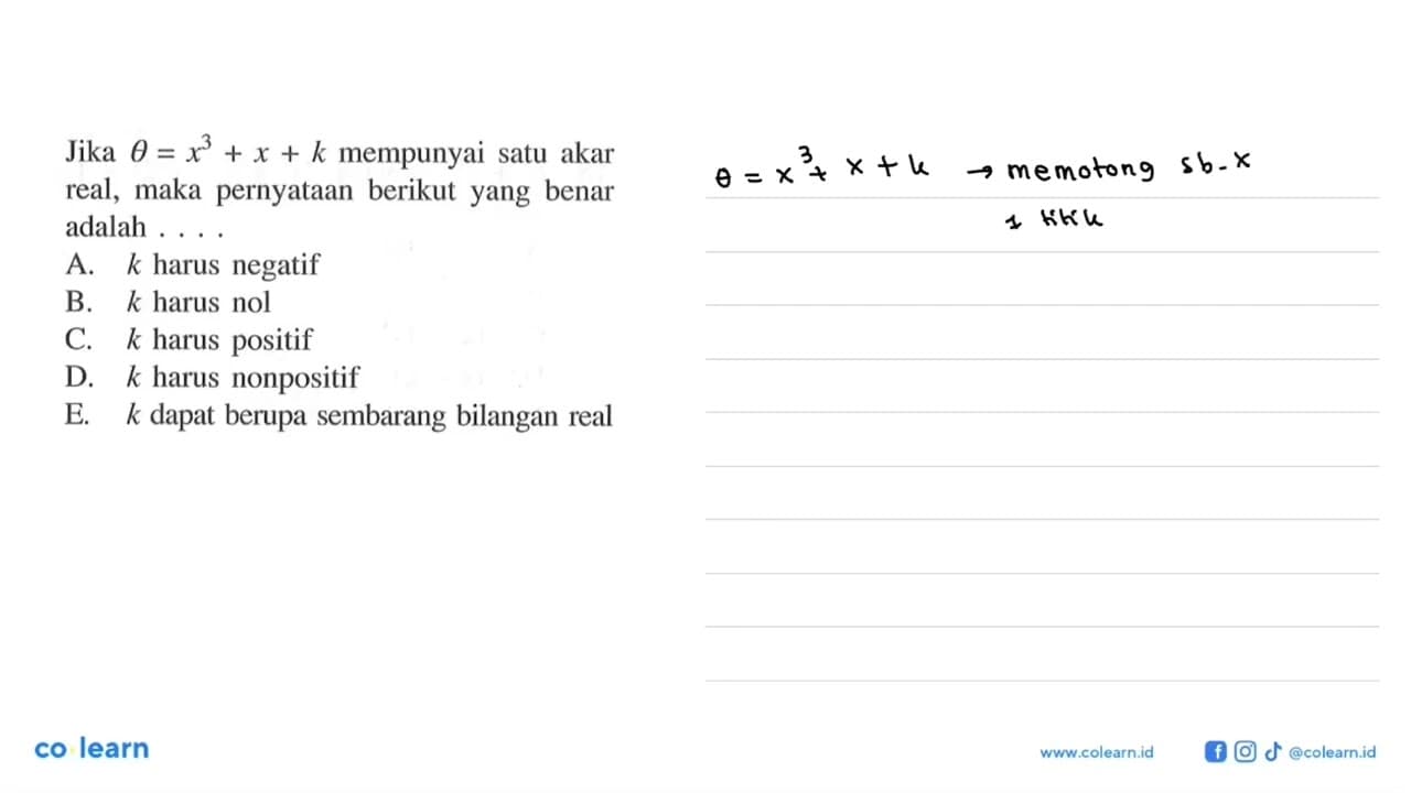 Jika theta=x^3+x+k mempunyai satu akar real, maka