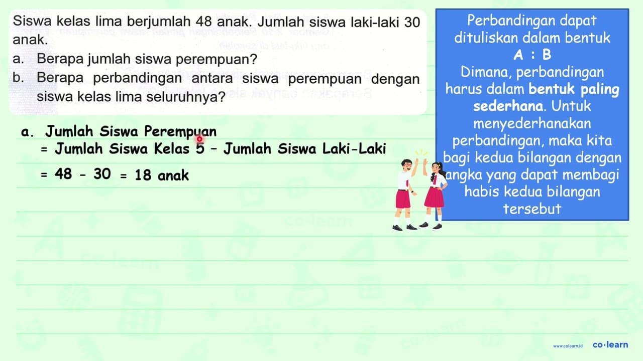 Siswa kelas lima berjumlah 48 anak. Jumlah siswa laki-laki