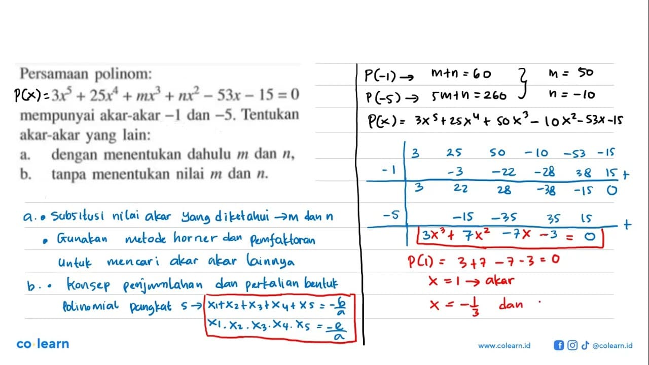 Persamaan polinom: 3x^5+25x^4+mx^3+nx^2-53x-15 = 0