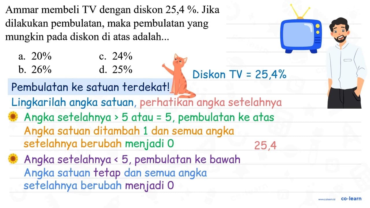 Ammar membeli TV dengan diskon 25,4 % . Jika dilakukan