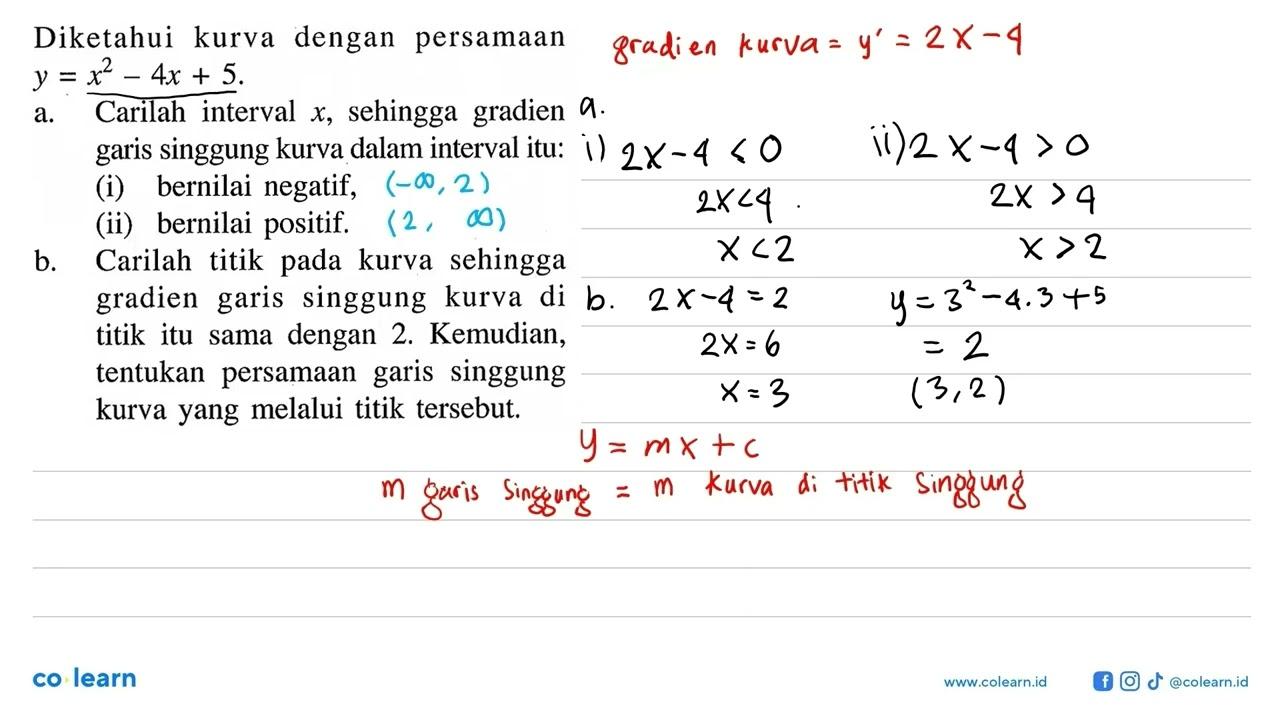 Diketahui kurva dengan persamaan y=x^2-4x+5 .a. Carilah