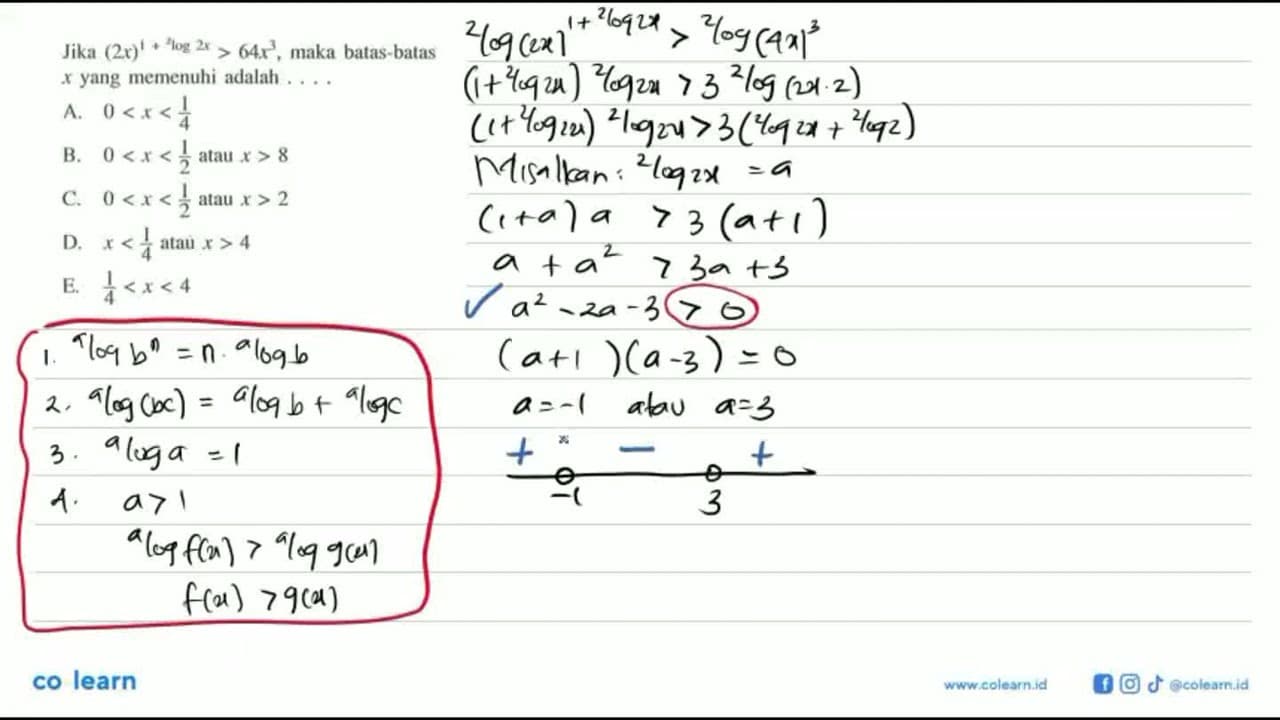 Jika (2x)^(1+2log2x)>64x^3, maka batas-batas x yang