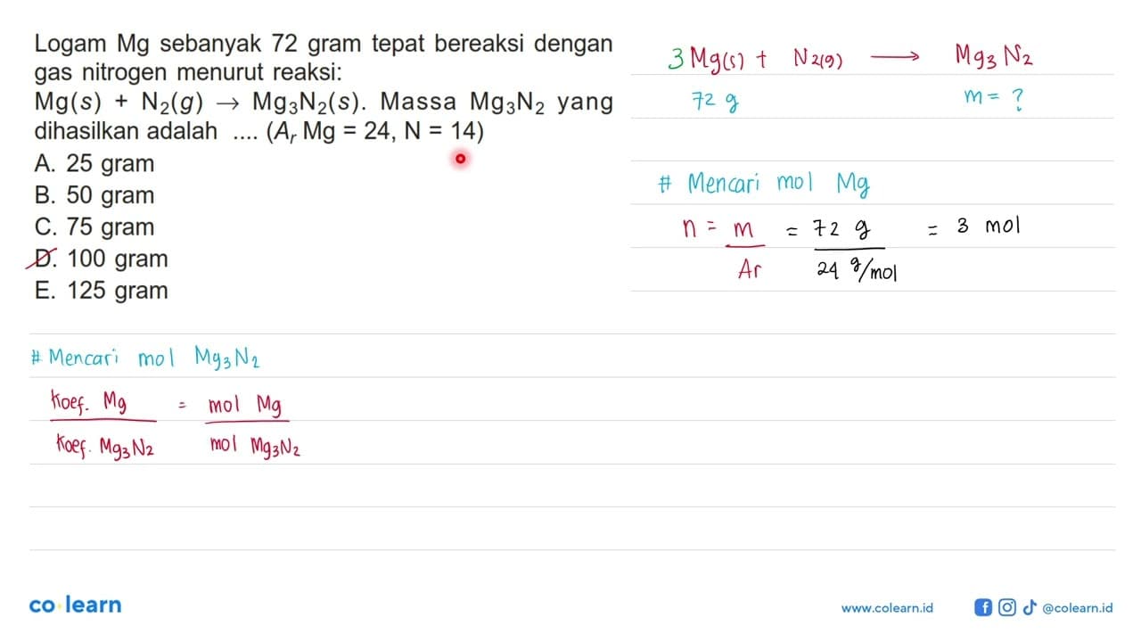 Logam Mg sebanyak 72 gram tepat bereaksi dengan gas