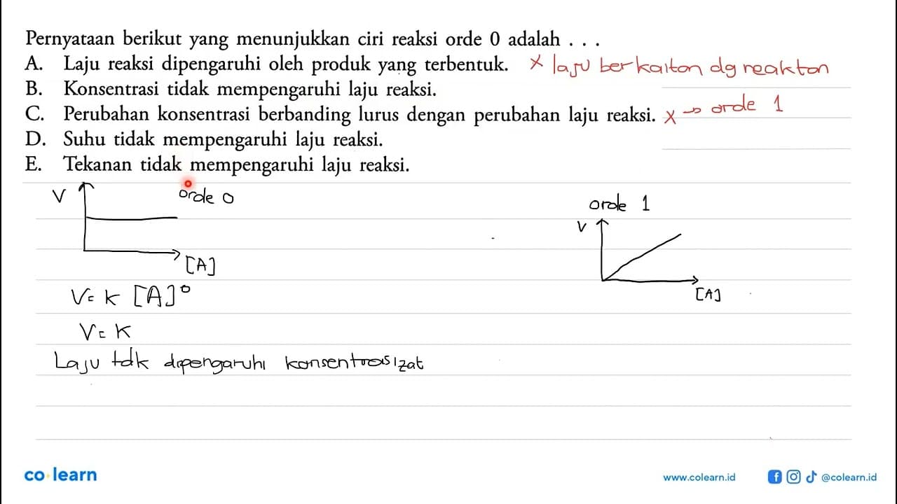 Pernyataan berikut yang menunjukkan ciri reaksi orde 0