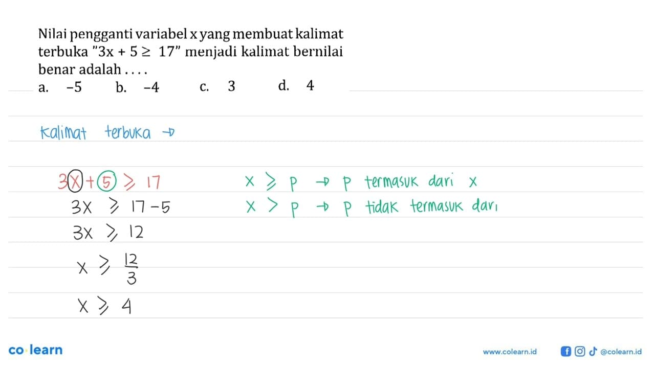 Nilai pengganti variabel x yang membuat kalimat terbuka '3x