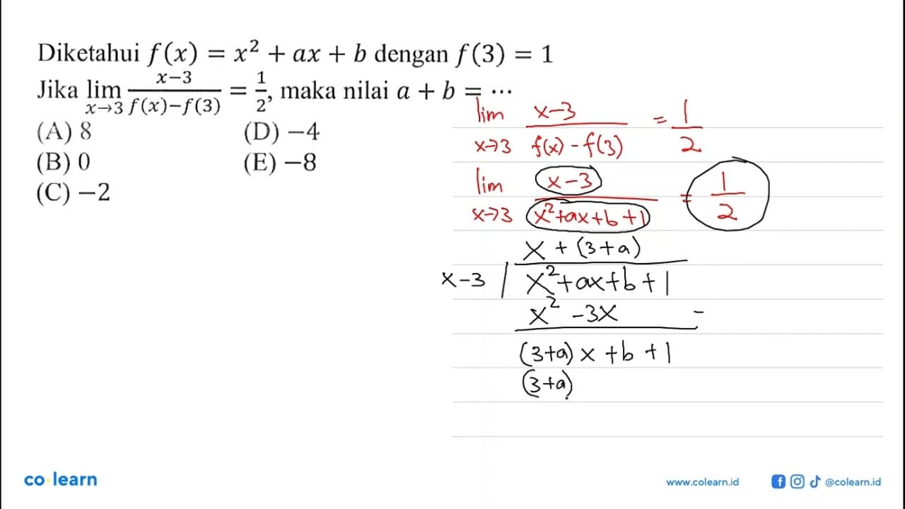 Diketahui f(x)=x^2+ax+b dengan f(3)=1 Jika lim x->3