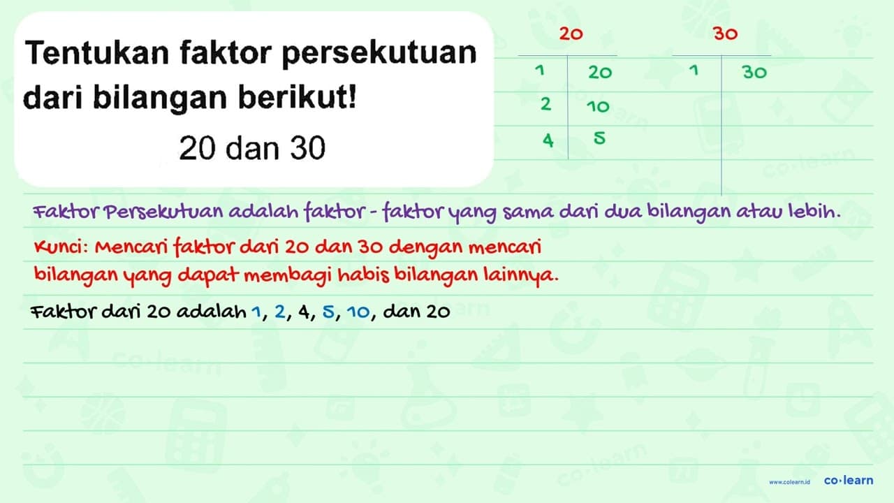 Tentukan faktor persekutuan dari bilangan berikut! 20 dan