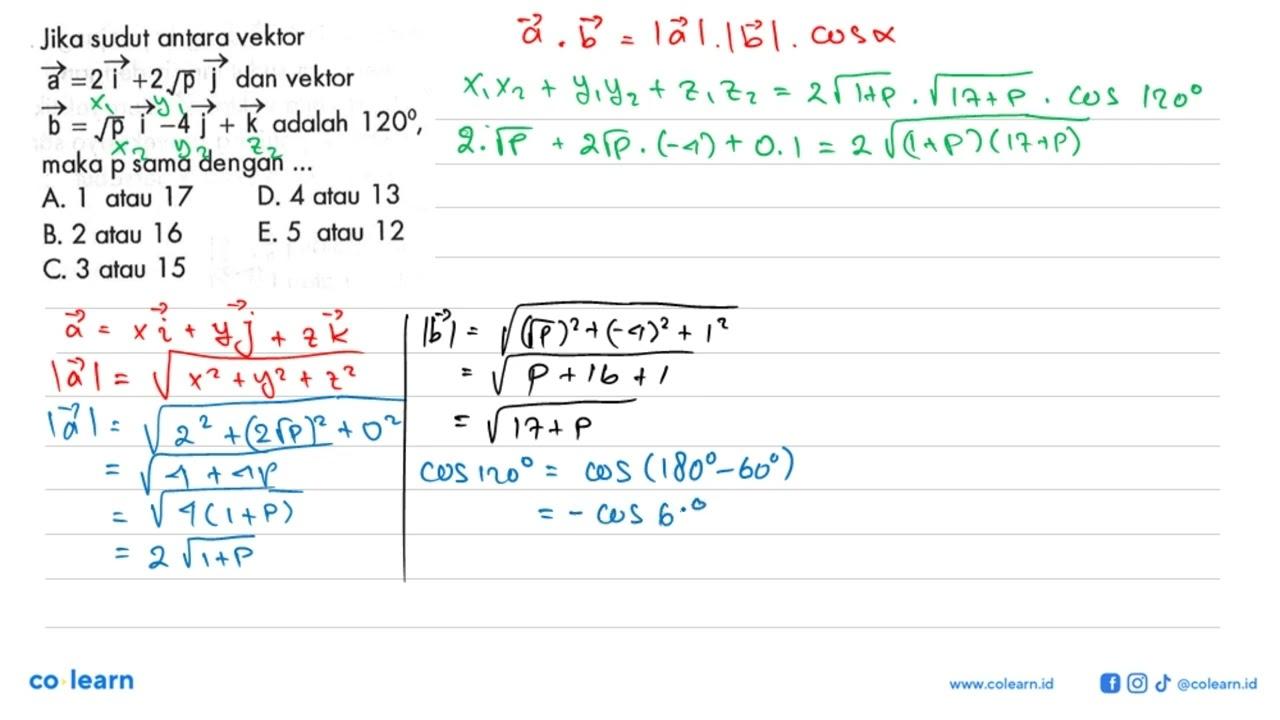 Jika sudut antara vektor a=2 vektor i+2akar(p) vektor j dan