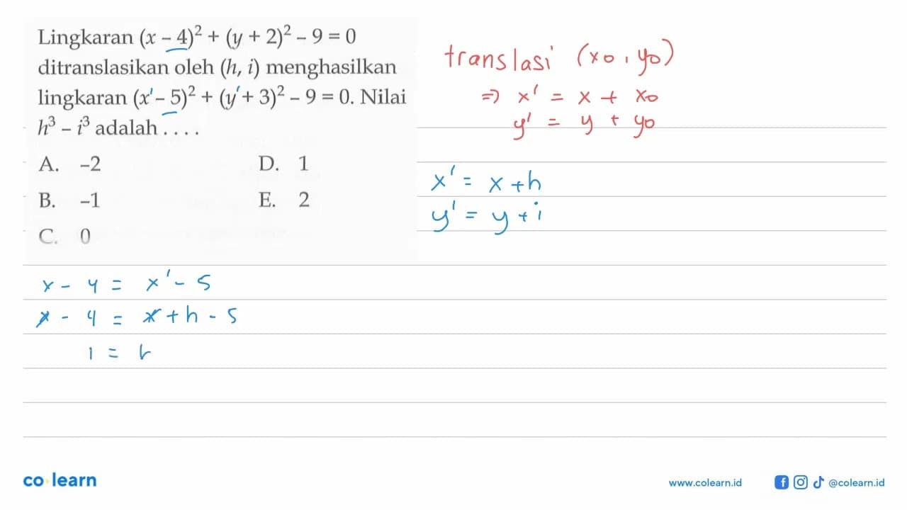 Lingkaran (x-4)^2+(y+2)^2-9 = 0 menghasilkan ditranslasikan