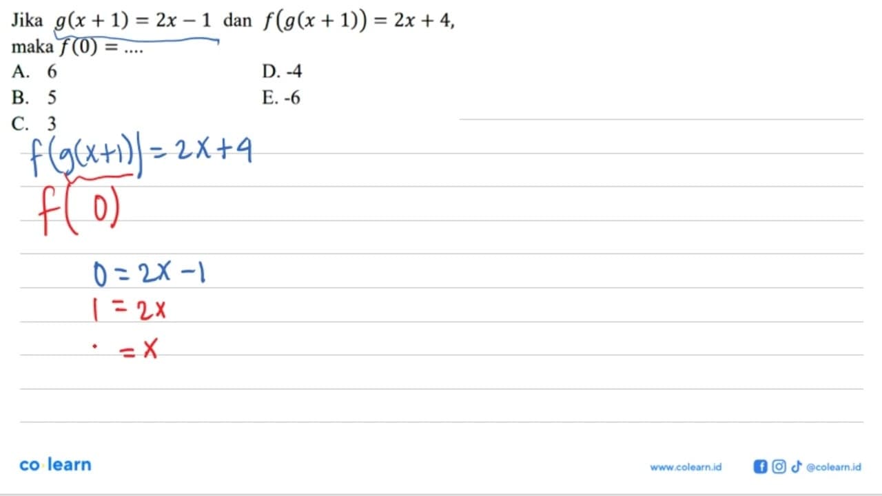 Jika g(x + 1)=2x-1 dan f(g(x + 1))=2x+4, maka f(0)= ...