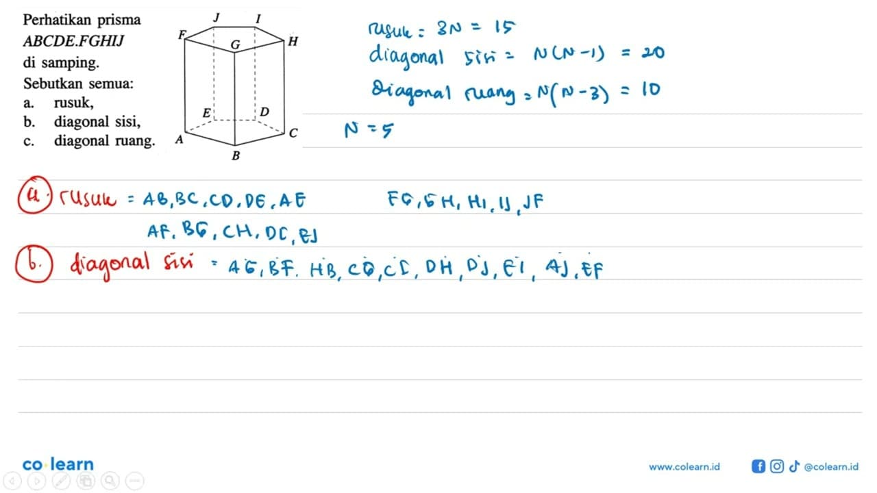 Perhatikan prisma ABCDE.FGHIJ di samping.Sebutkan semua: a.