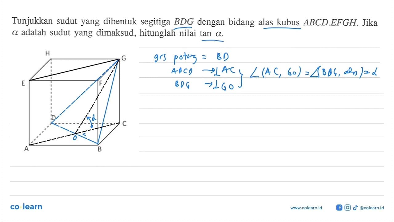 Tunjukkan sudut yang dibentuk segitiga BDG dengan bidang