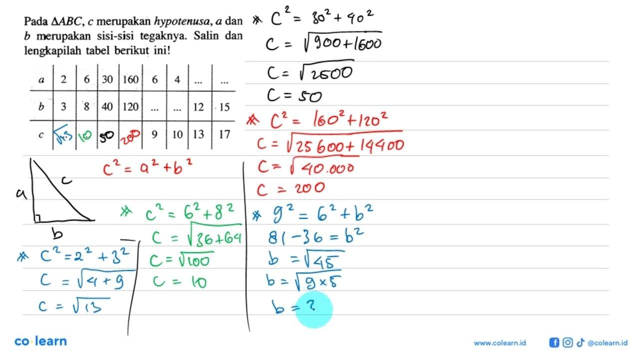 Pada segitiga A B C, c merupakan hypotenusa, a dan b