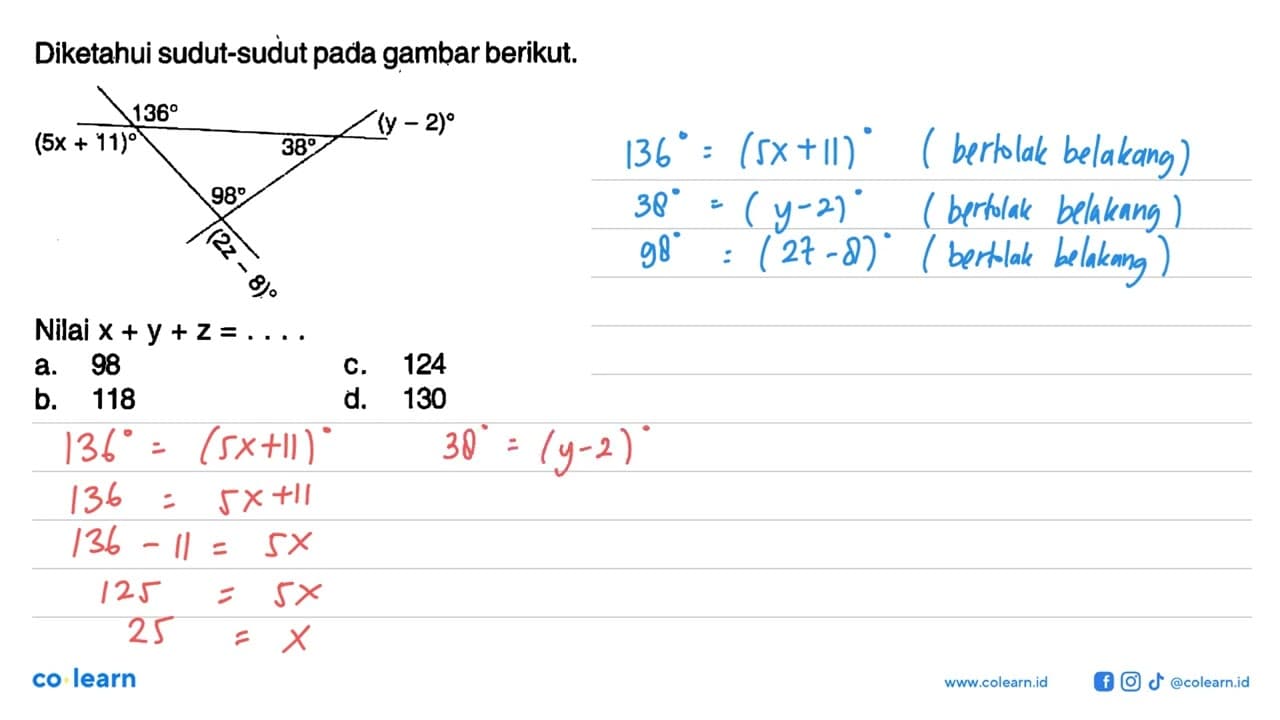 Diketahui sudut-sudut pada gambar berikut. 136 38 98 y-2