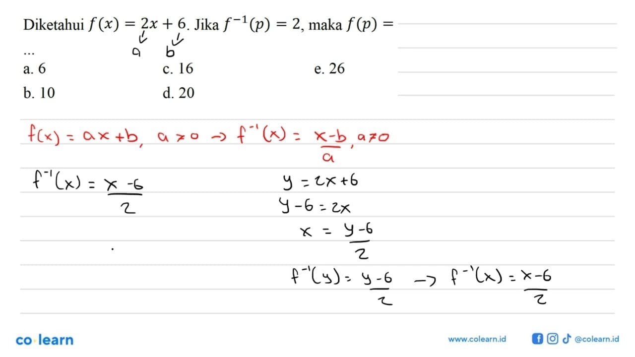 Diketahui f(x)=2x+6. Jika f^(-1)(p) = 2, maka f(p) =