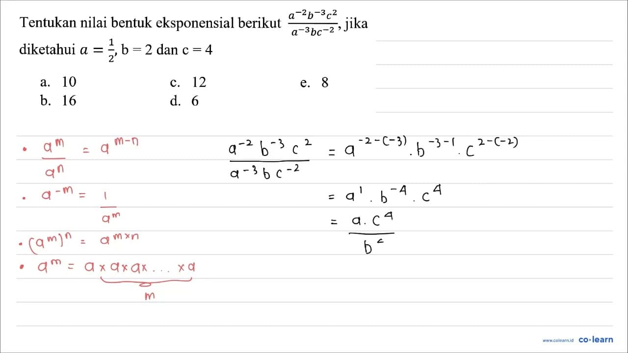 Tentukan nilai bentuk eksponensial berikut (a^(-2) b^(-3)