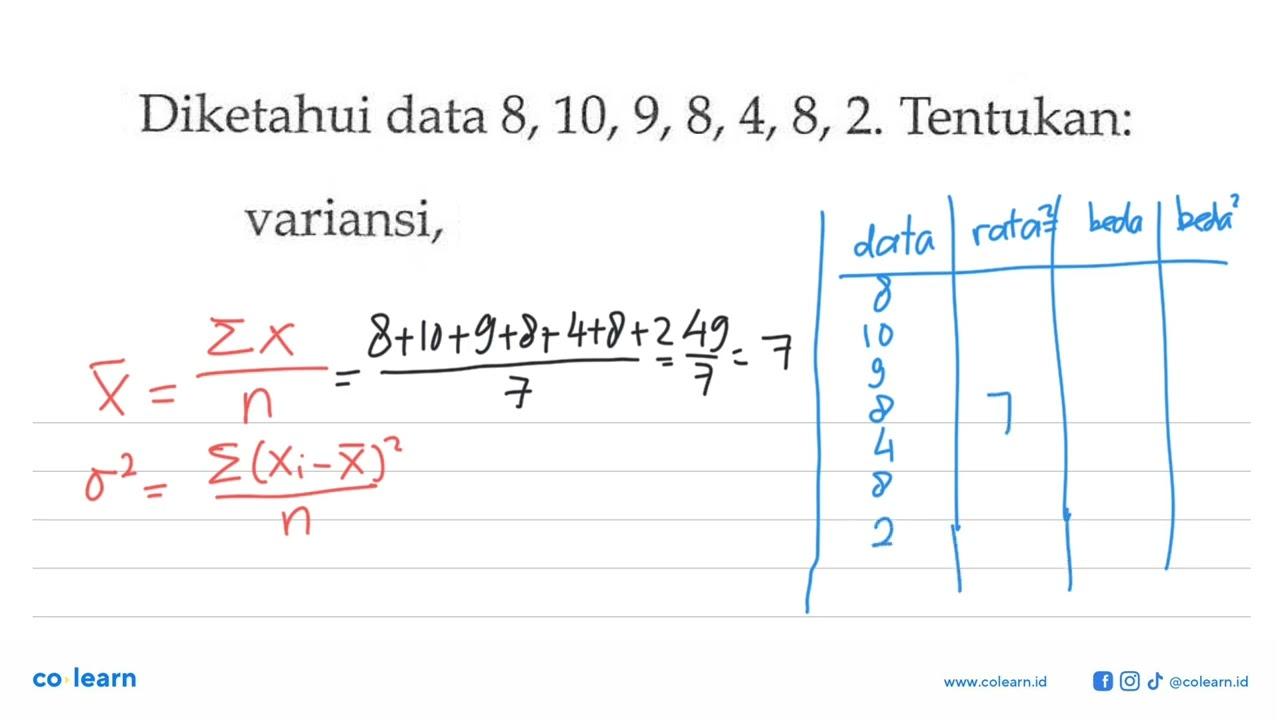 Diketahui data 8, 10, 9, 8,4,8, 2. Tentukan: variansi,